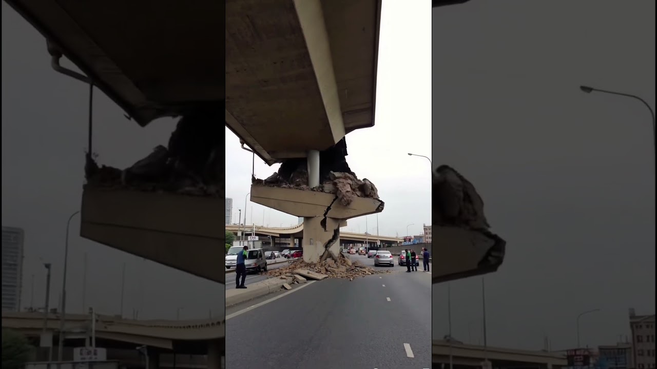 The bridge support collapsed after the earthquake, but it was just the outer concrete #crash #car