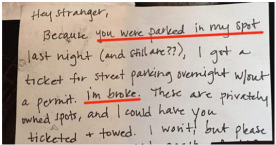 This woman left an angry note on a stranger’s car when they parked in her spot — but it actually led to a major good deed
