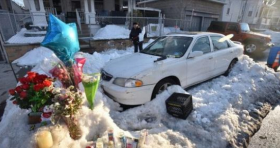 He was in the car with his wife and two kids, but he started getting out to shovel snow off the front of the car.