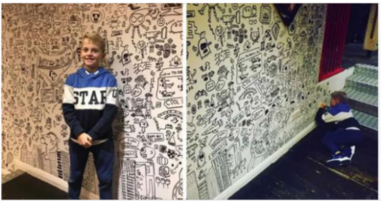 Boy gets into trouble for doodling at school – hired by restaurant to create wall art