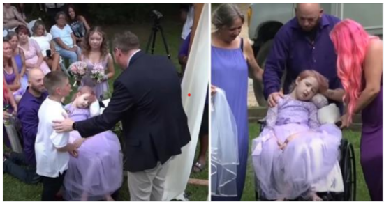 Brave little girl wheeled down the aisle by dad to marry school sweetheart days before passing away