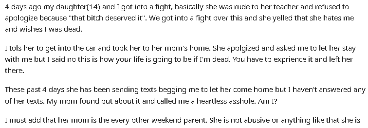 AITA for sending my daughter to live with her mom because of what she said?