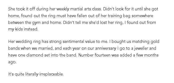 Giving my wife the silent treatment when she lost her wedding ring?