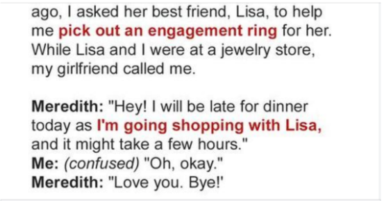 My Girlfriend Told Me She Was with Her Friend, but That Friend Was with Me Picking Out an Engagement Ring for Her