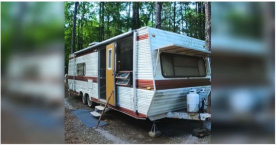 Homeless lady given free “ugly” abandoned trailer uses it to build a cozy tiny home out in nature